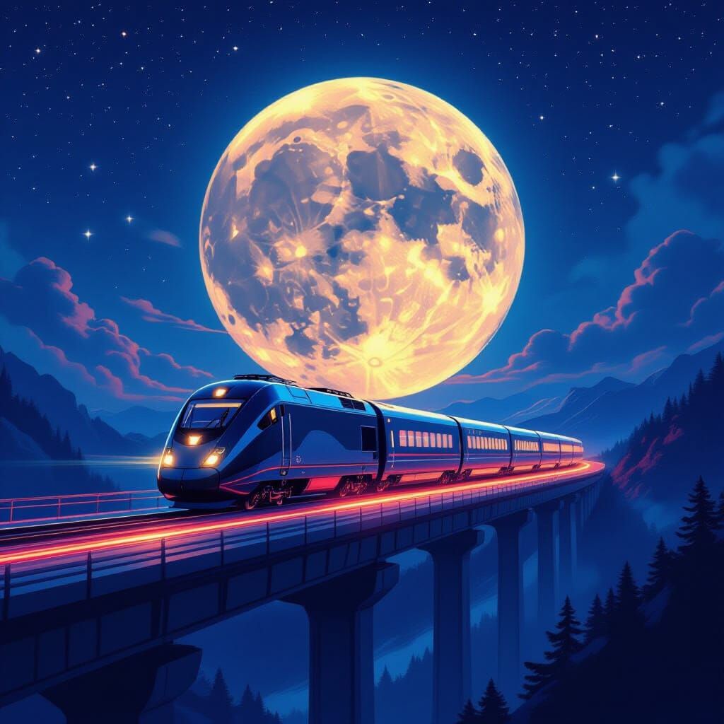 Luminous Train Crossing Glass Bridge Under Starry Night