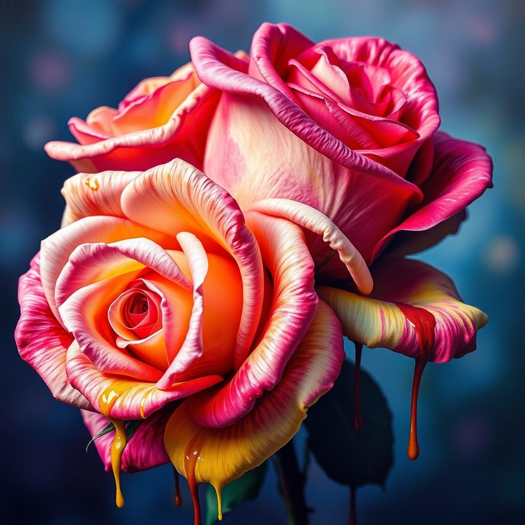 Surreal Oil Painted Roses With Rainbow Drips