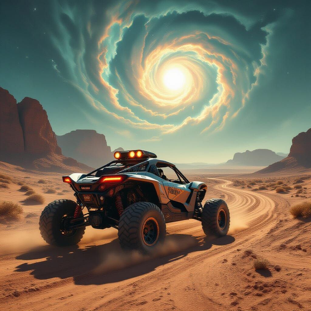 Alien Desert Buggy Navigates Swirling Nebula Sky