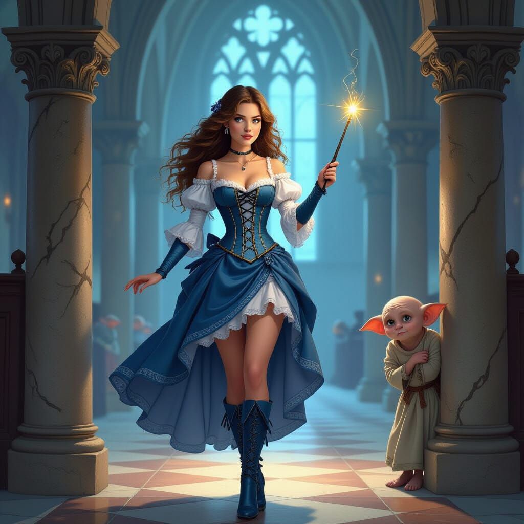 Woman in Victorian Corset in Gothic Hall