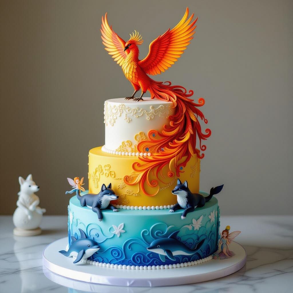 Whimsical Tiered Cake with Phoenix, Wolves, Dolphins & Drago...