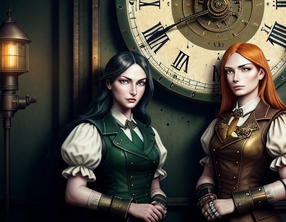 Steampunk Time Machine with Twin Sisters: Dark Fantasy Art