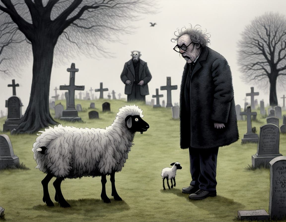 Scared Lamb in Cemetery Watched by Demon