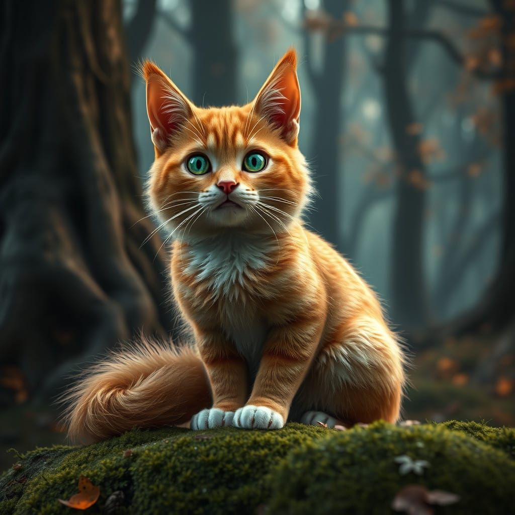 Fantasy Tabby Cat with Squirrel Tail in Whimsical Forest