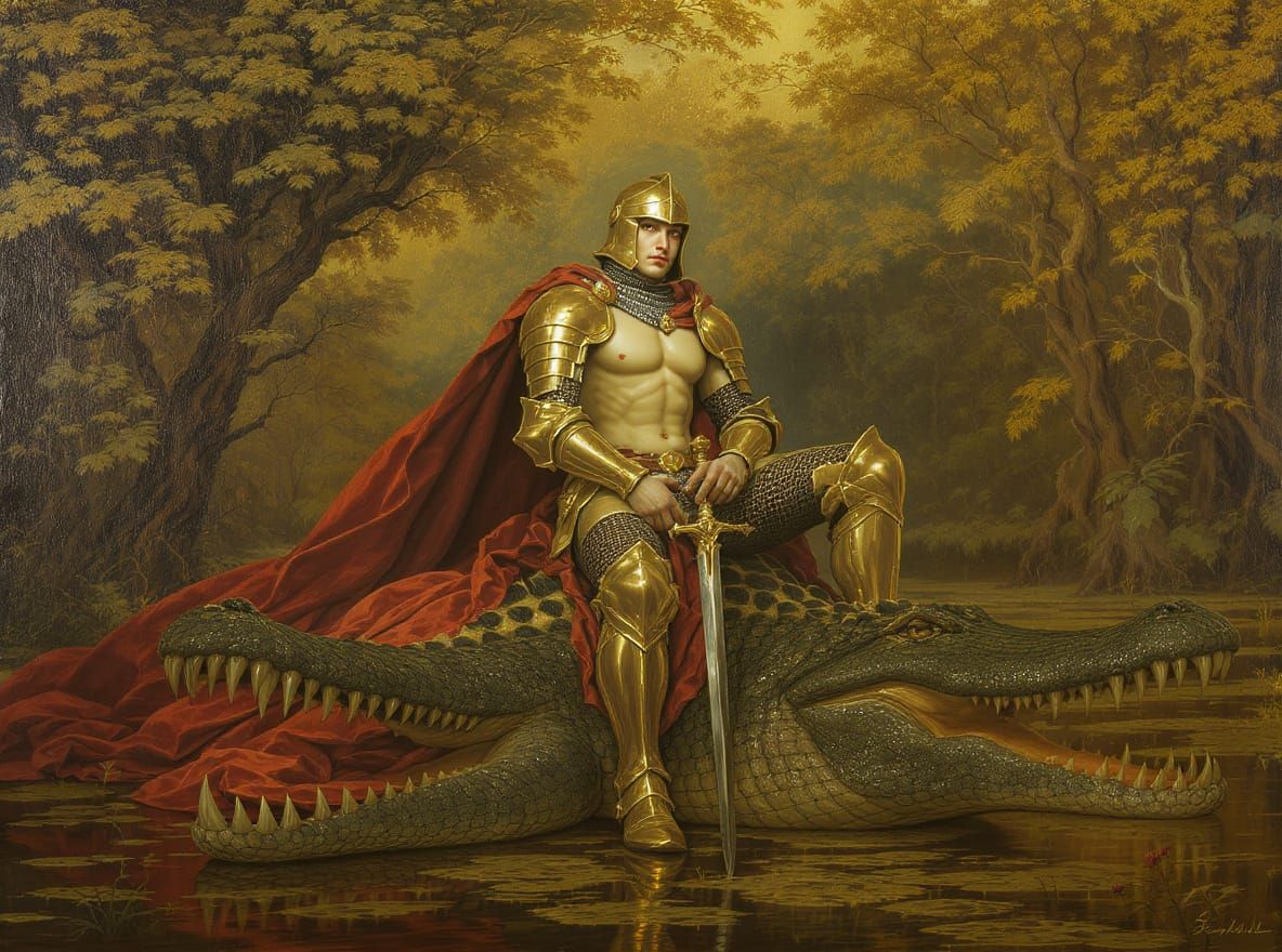 Knight on Crocodile in Mystical Marsh: Hyperrealistic Oil Pa...