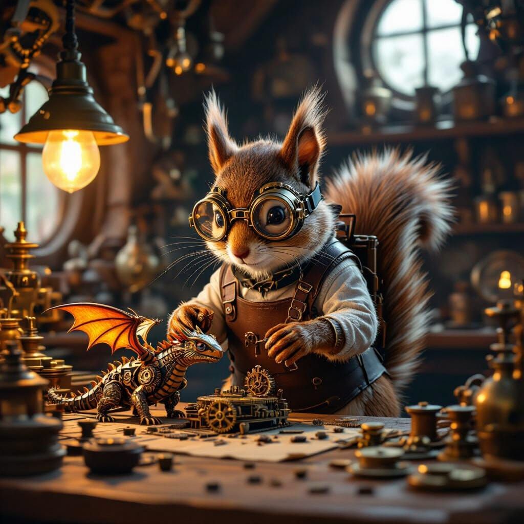 Steampunk Squirrel Inventor with Clockwork Dragon