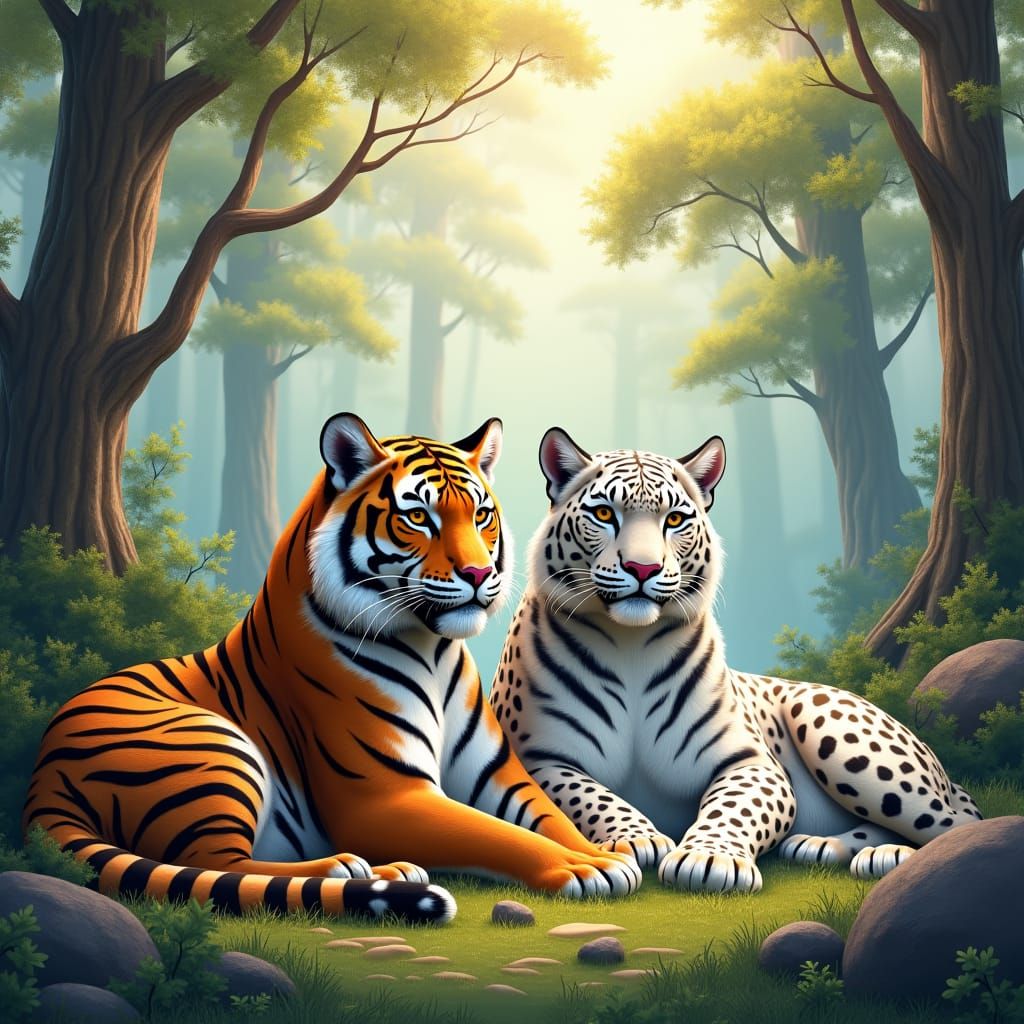 Tiger and Leopard in Watercolor Forest Landscape