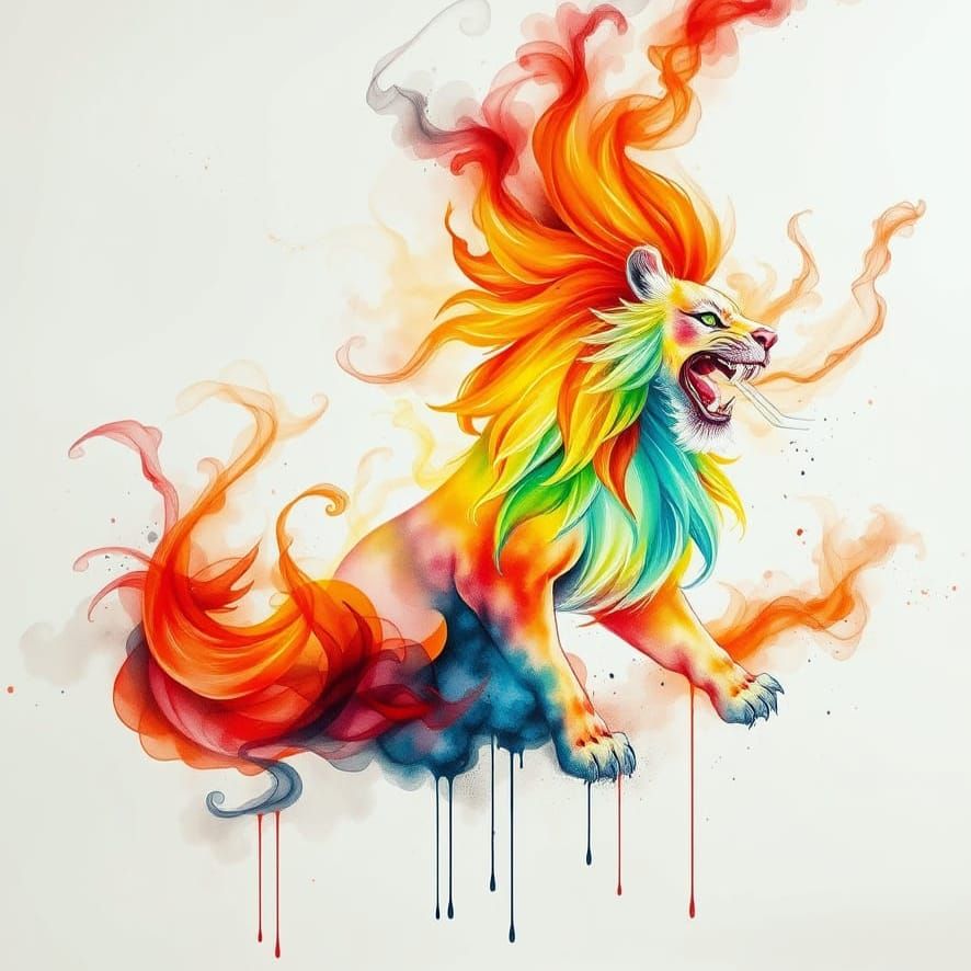 Ethereal Lion Emerges from Neon Smoke Clouds in Dynamic Chin...