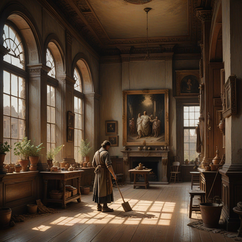 Servant Dusts a Grand Oil Painting in a Victorian-Era Manor...