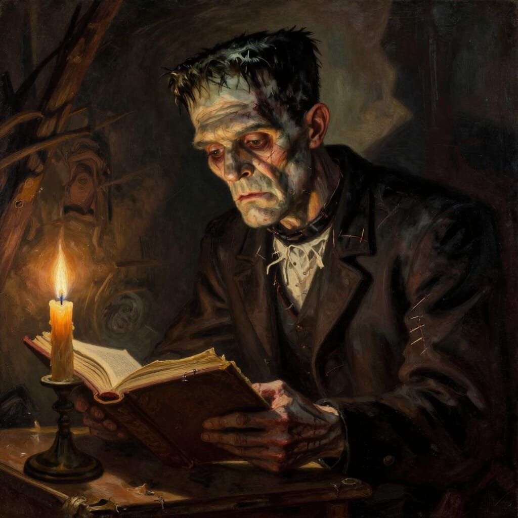 Frankenstein's Monster Reads Dante's Inferno in Gothic Style