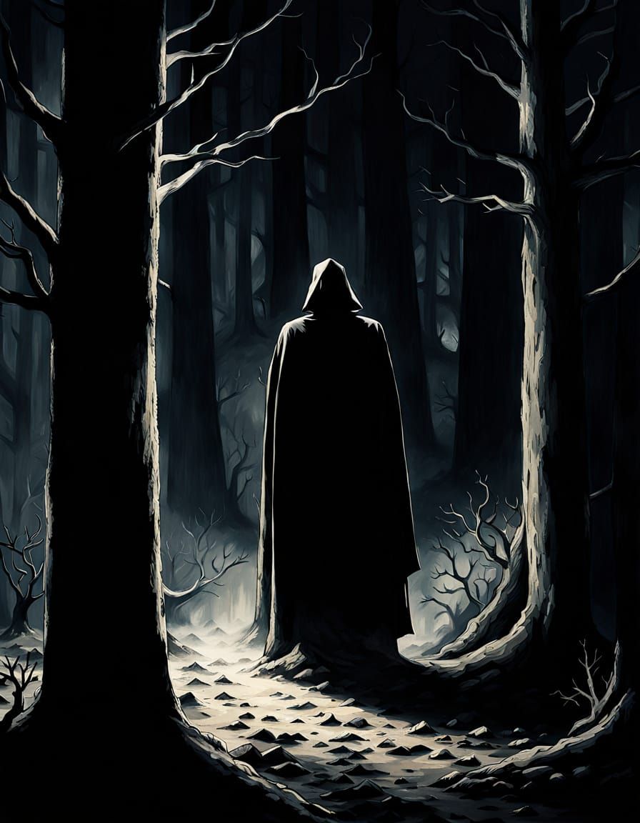 Ethereal Figure at Forest's Edge in a Haunting Oil Painting