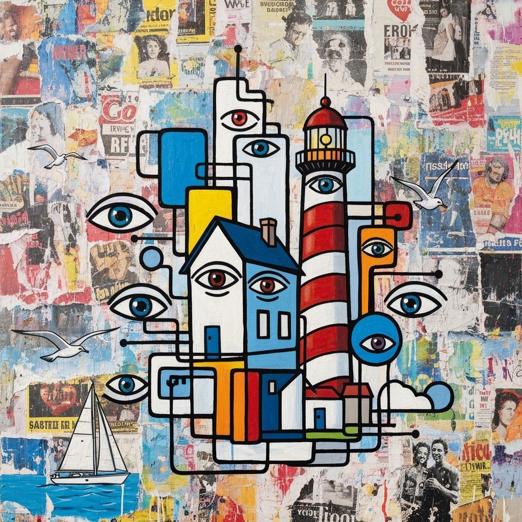 Abstract Lighthouse Painting in Expressionist Collage Style