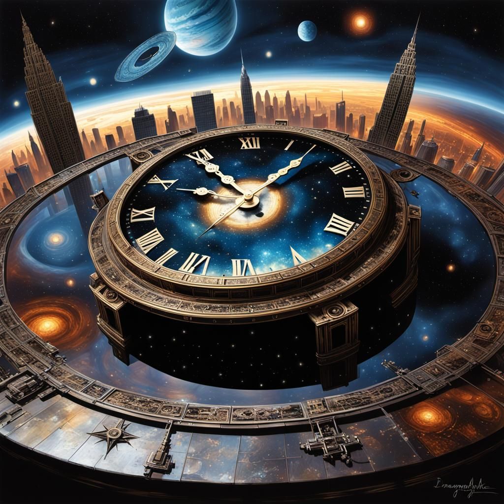 Melting Clock Merges with Universe in Dreamlike Gothic Art