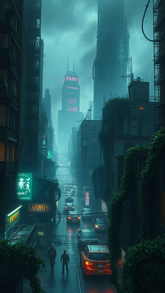 Cyberpunk Metropolis Overgrown with Vines