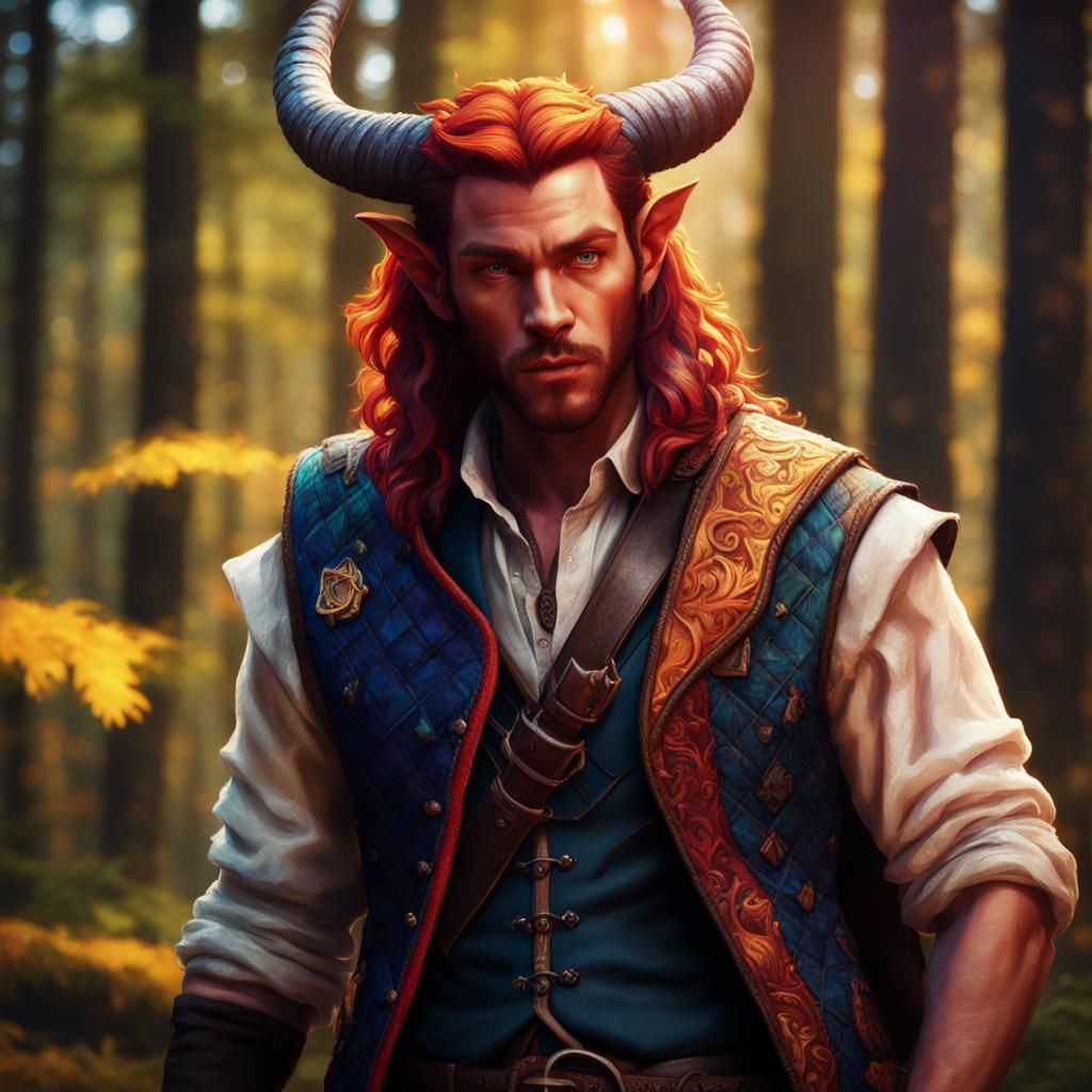 Tiefling Bard in Mystical Forest, Hyperrealistic Concept Art