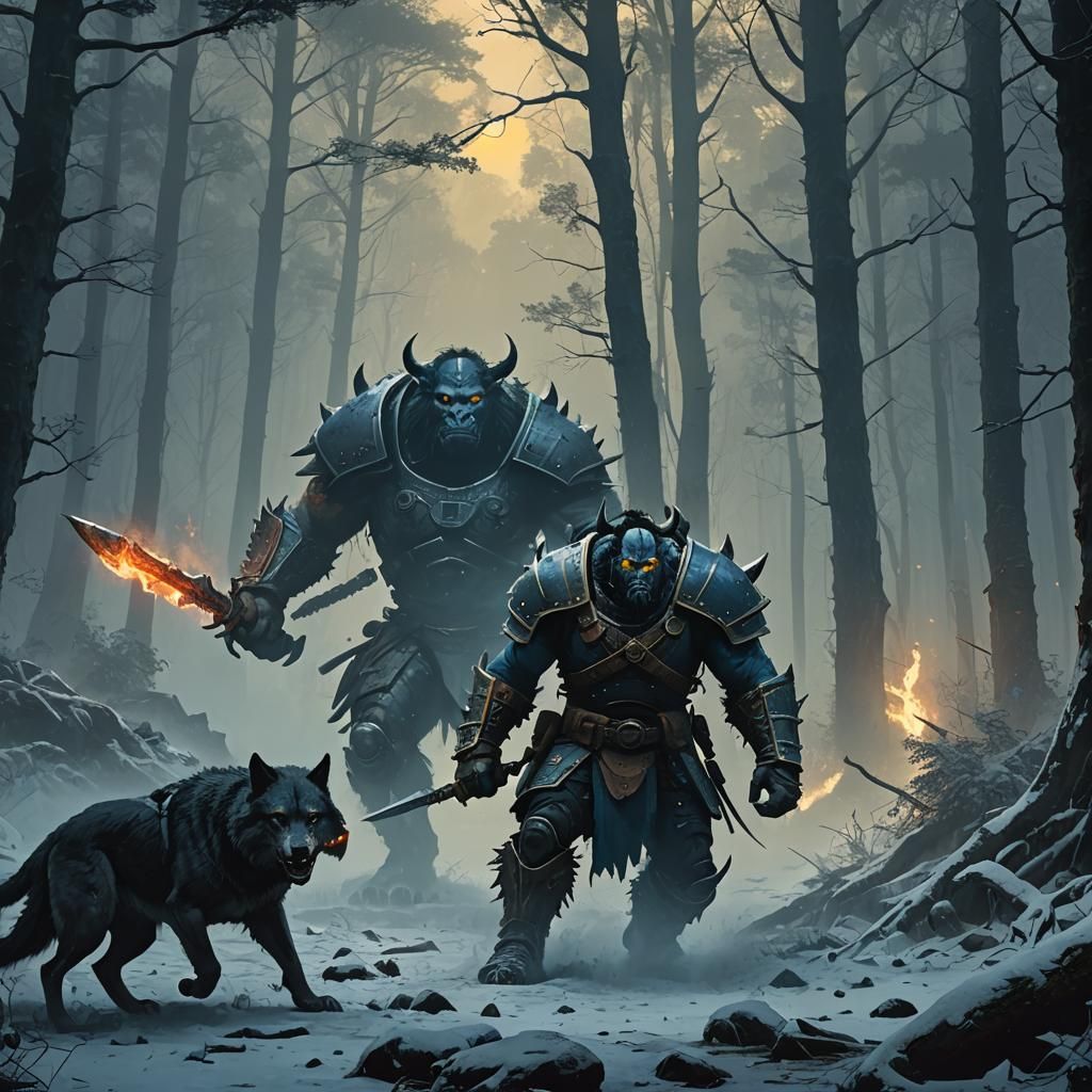 Orc Warrior Slaying Wolf in Misty Forest