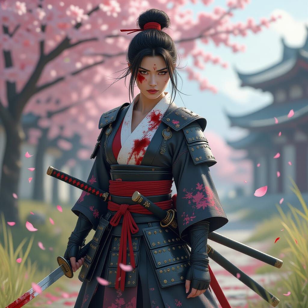 Furious Samurai Woman with Katana in Sakura Field