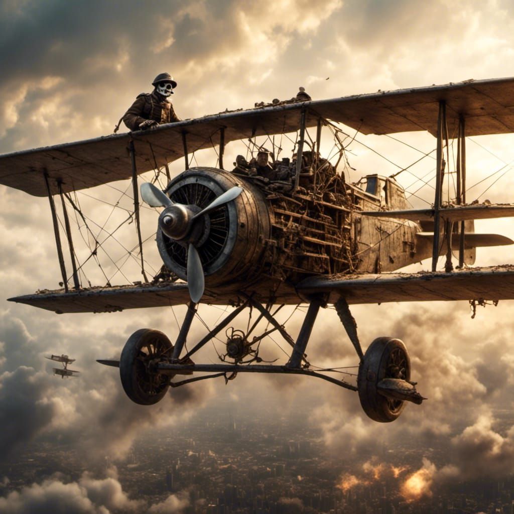 Skeleton Pilot in WWI Biplane, Hyperreal Style