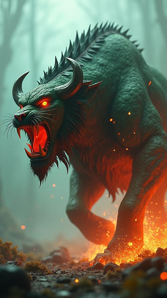 Enraged Tiger-Buffalo Hybrid in Dreamlike Setting