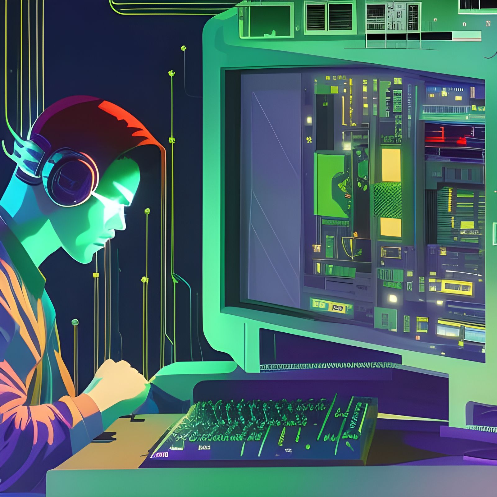 Cyberpunk Hacker on Retro Computer