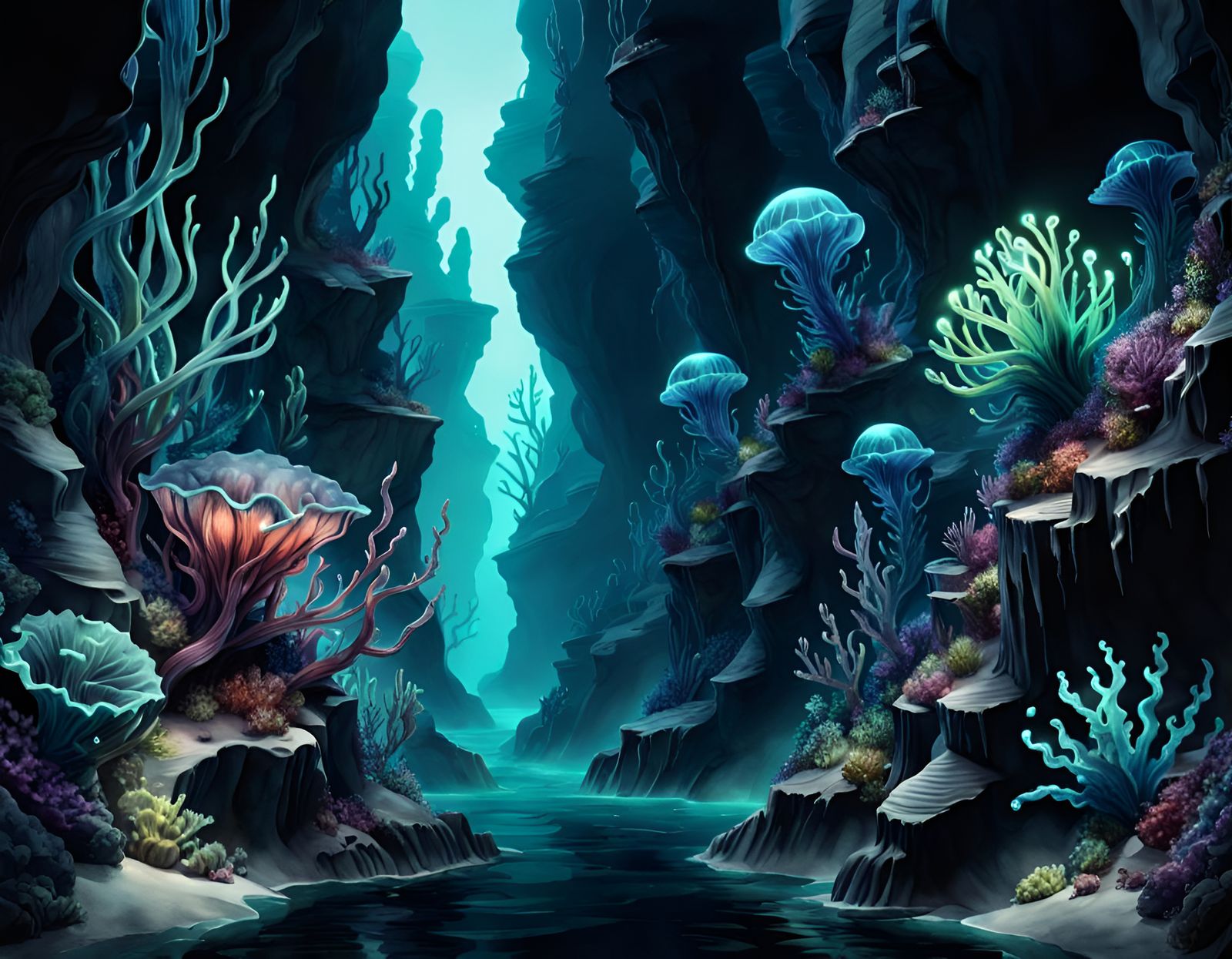 Sinister Bioluminescent Deep Sea Canyon in Watercolor