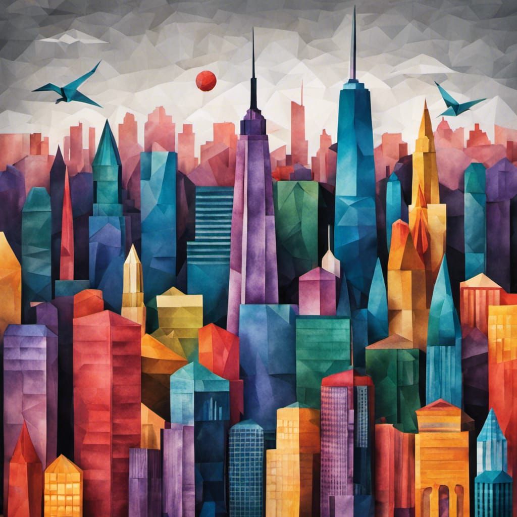 Origami New York City Skyline in Gouache Style