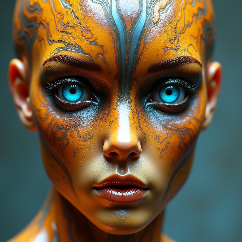 Futuristic Humanoid Face with Molten Metal Texture