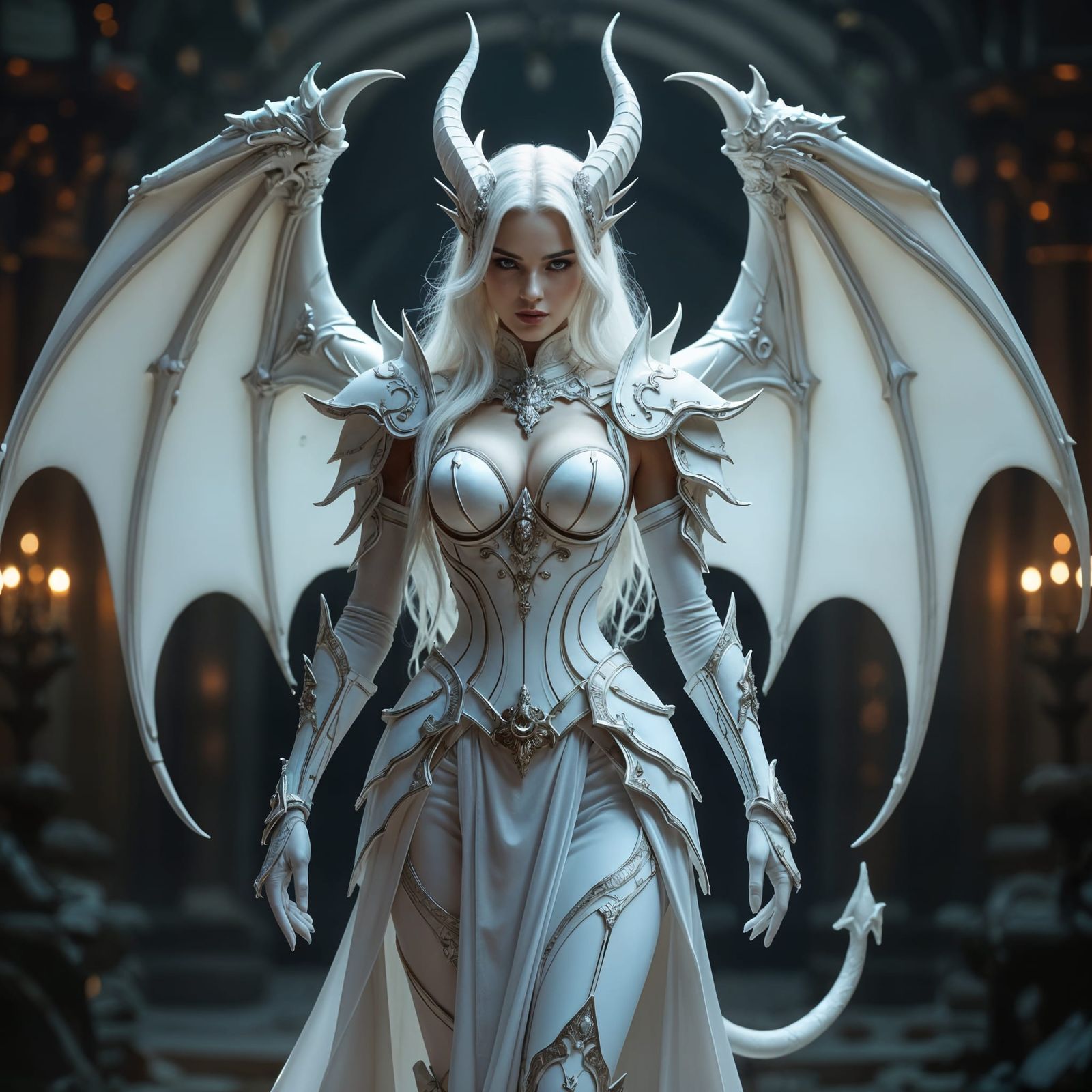 Elegant Female Demon Goddess in White and Silver
