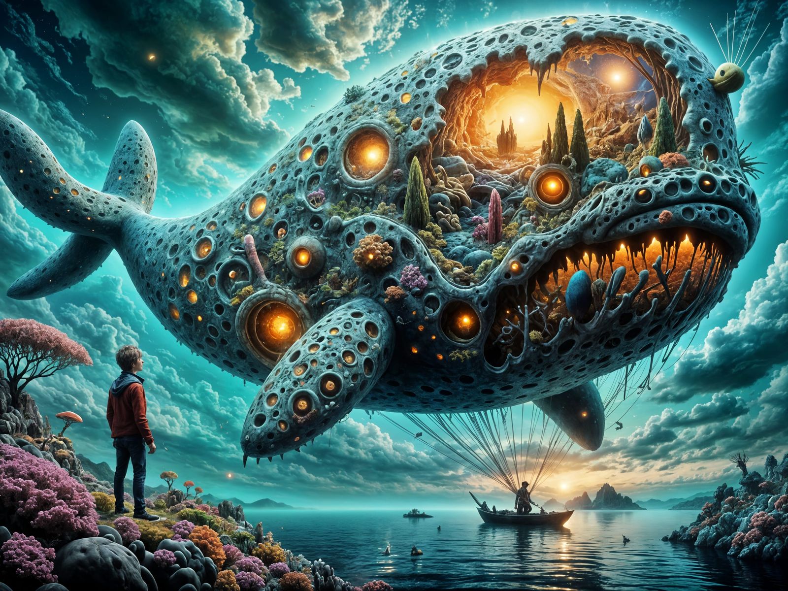 Surreal Whale Balloon in Celestial Dreamscape with Coral For...