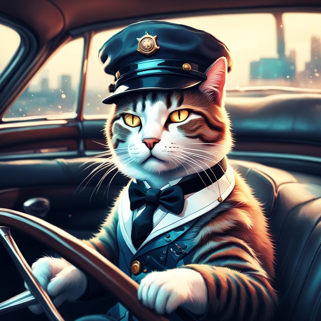 Sleepy Driver Cat at the Wheel: Digital Illustration