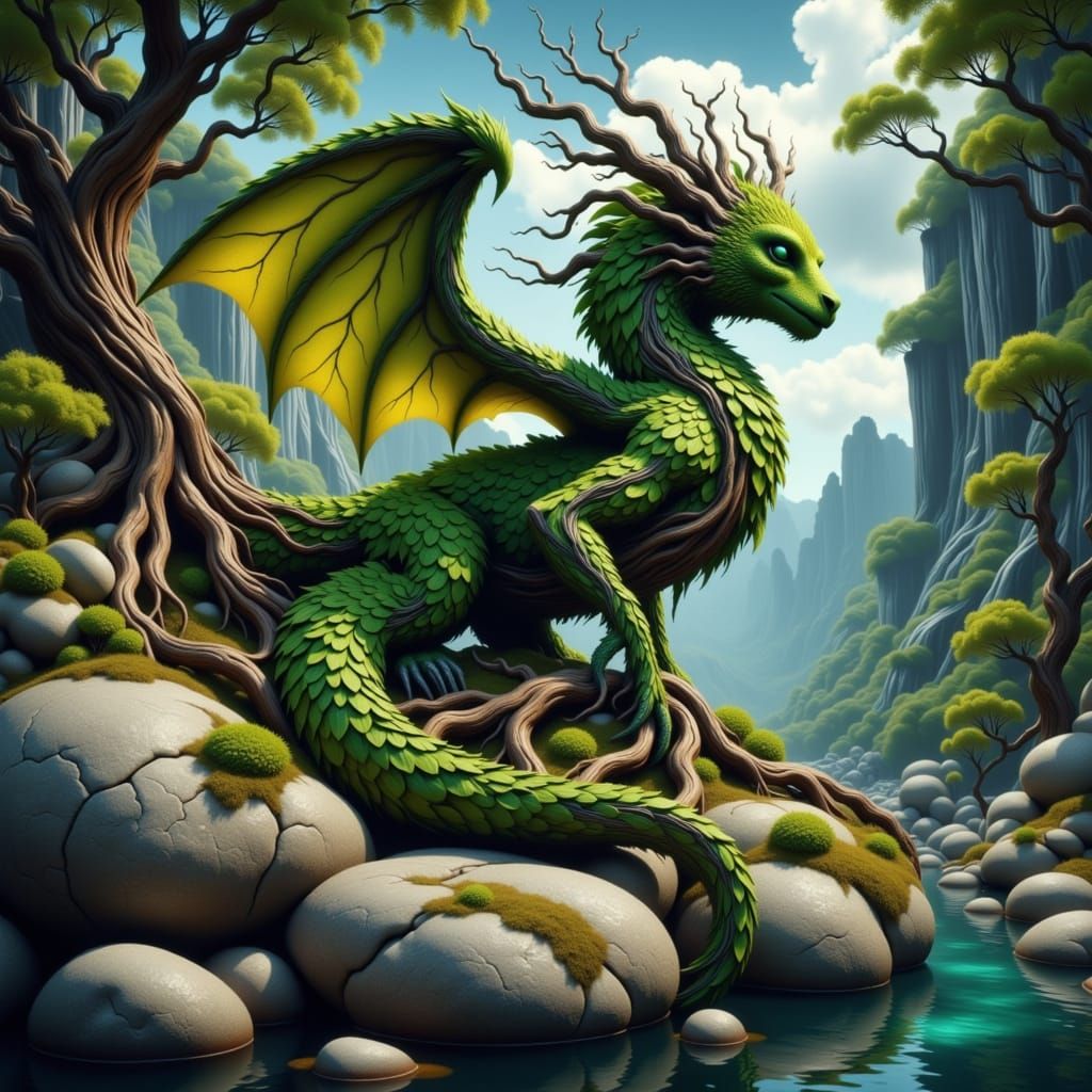 Twisted Tree Dragon Amidst Mossy Boulders