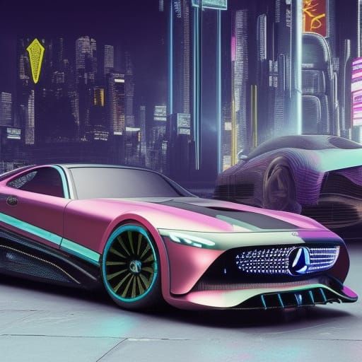 Cyberpunk Mercedes Car in Neon Cityscape