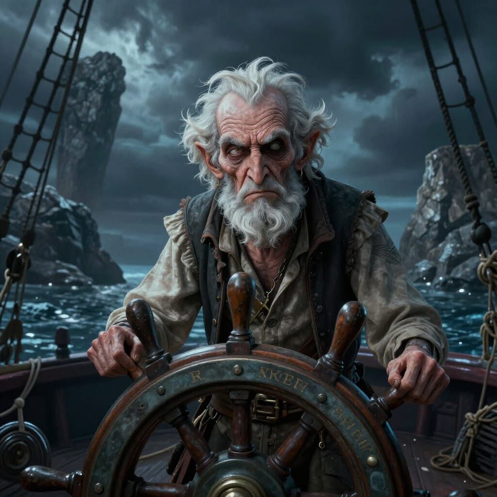 Elderly Sailor at Helm of Battered Ship