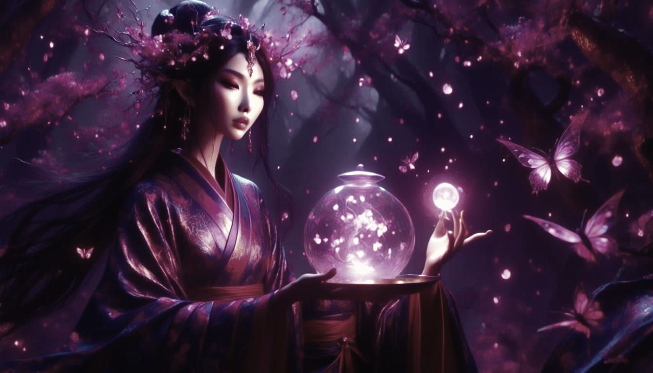<lora:Drow:1.0> <lora:Surreal Filigrance:1.0> beautiful asian elf goddess dressed in beautiful kimono carrying a magical...
