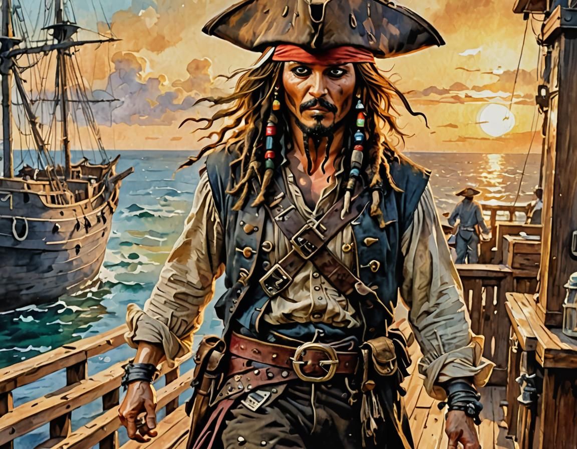 Gouache Masterpiece of Captain Jack Sparrow in Golden Hour
