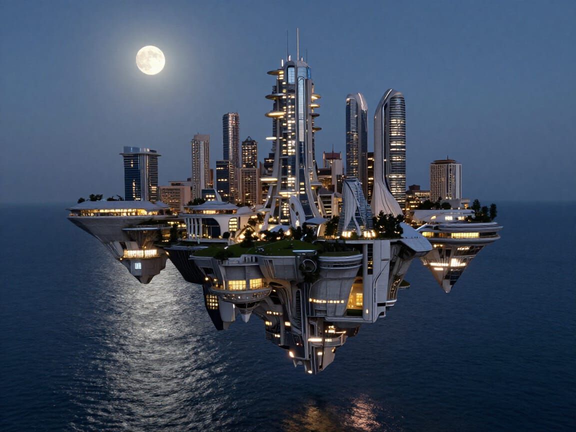 Night Time Floating City over Ocean