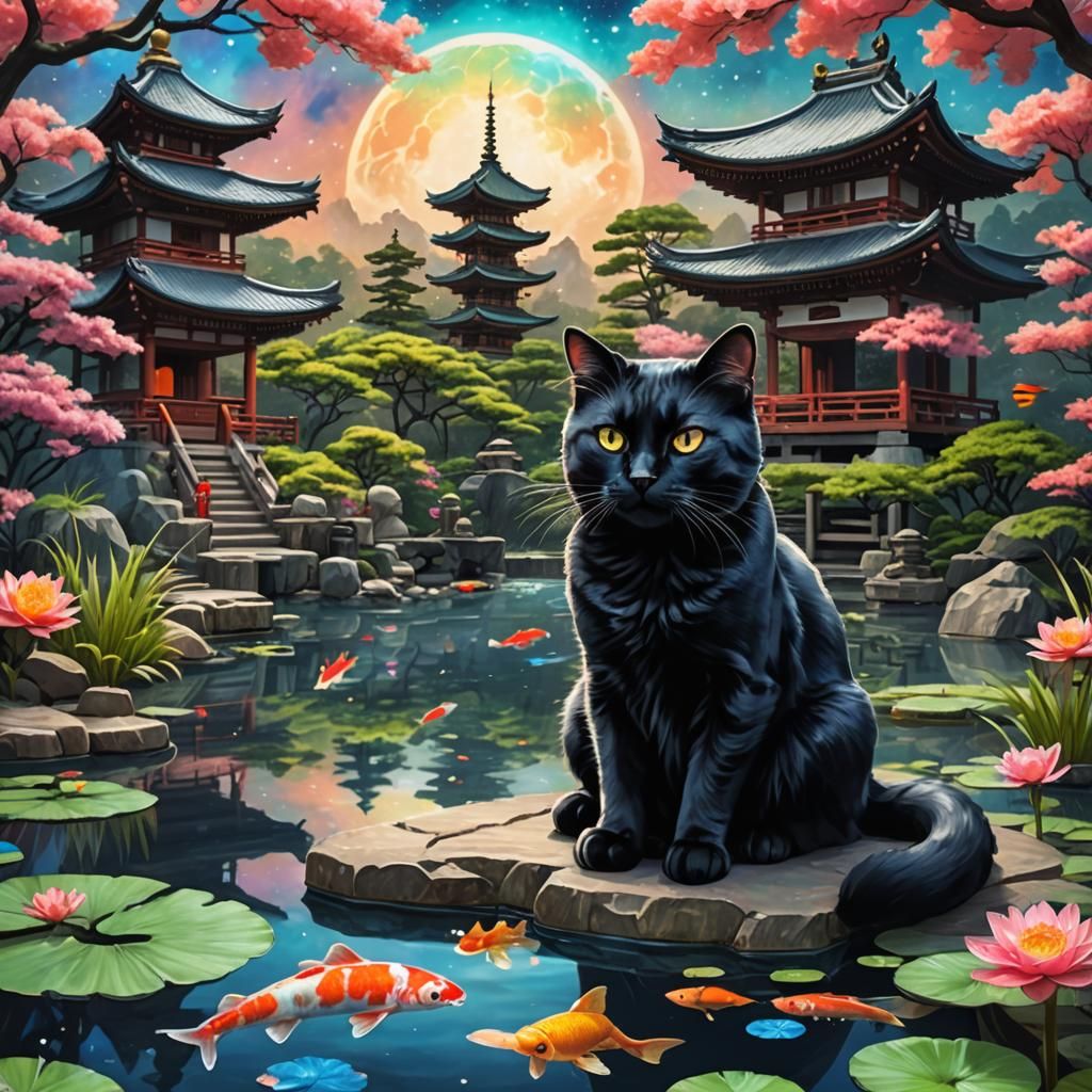 Black Cat at Koi Pond with Japanese Pagoda