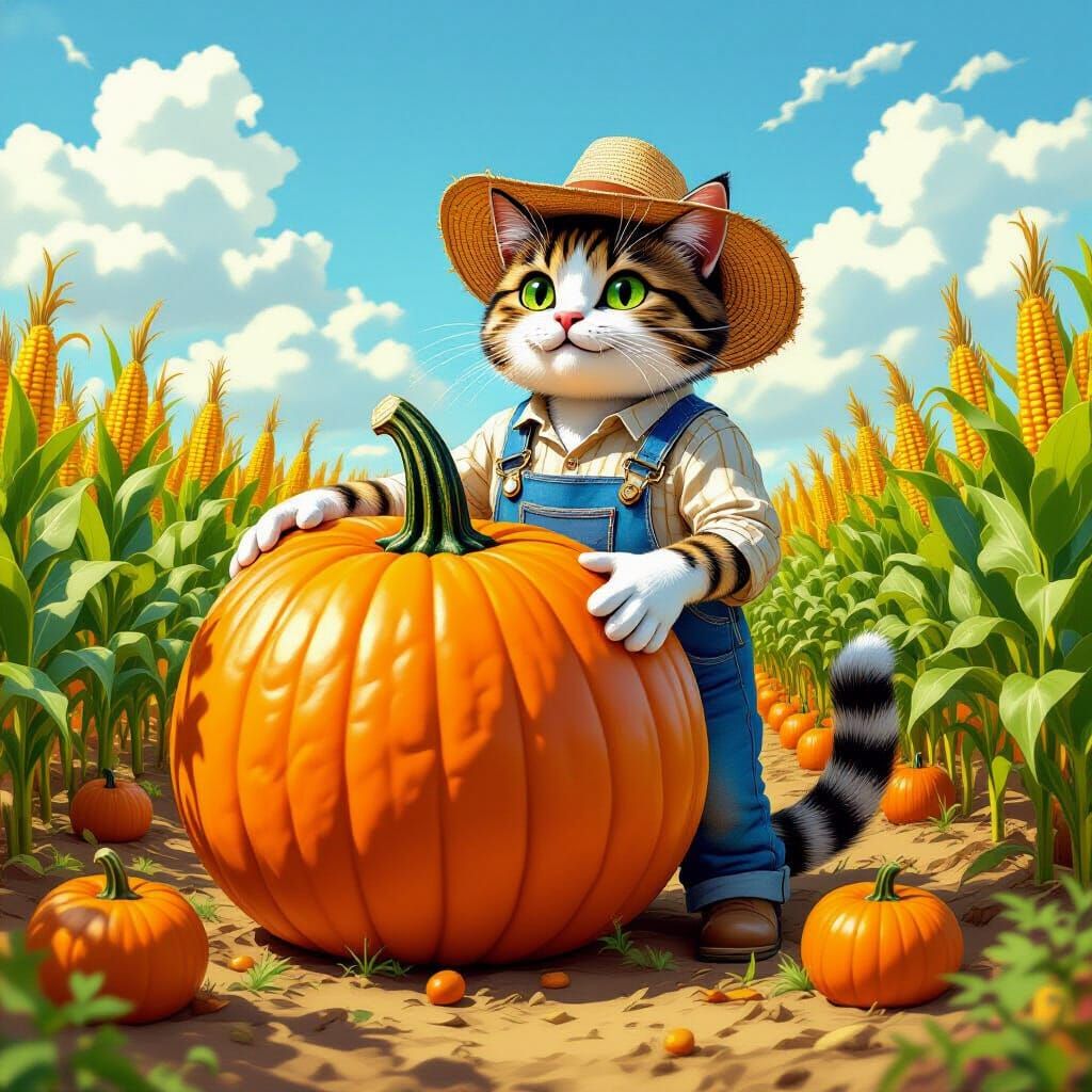 Whimsical Cat Farmer with Giant Pumpkin