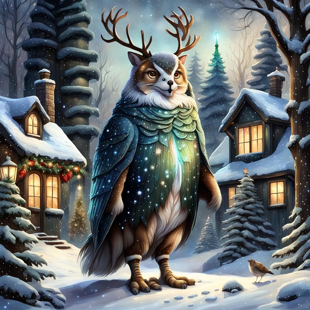 A regal creature stands in a winter forest on Christmas even...