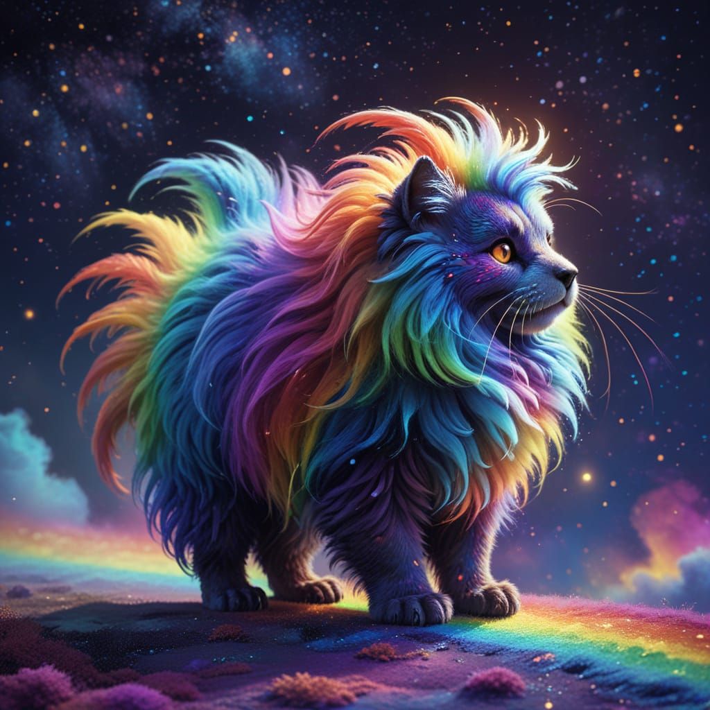 Fluffy Creature Walks on Rainbow in Vibrant Whimsical Art