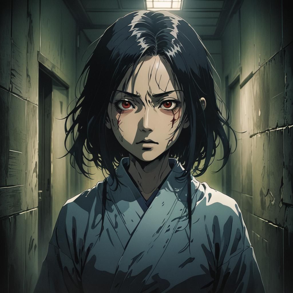 Menacing Anime Portrait in Japanese Horror Style
