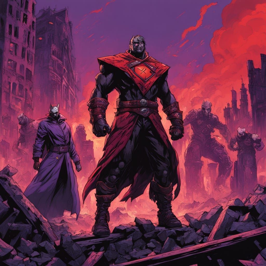 Supervillains in Ruined City: Dynamic Comic Book Art