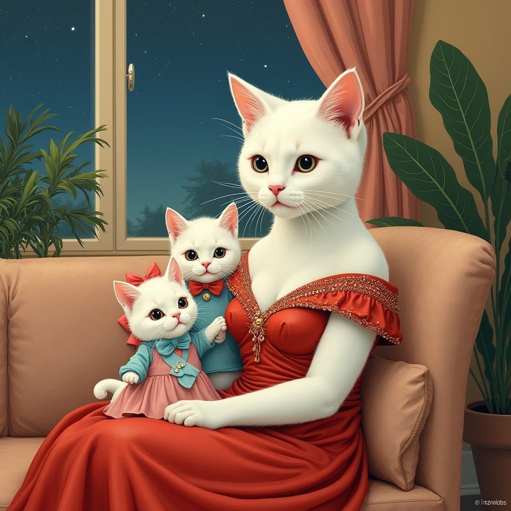 Whimsical Feline Family in Cozy Nighttime Scene