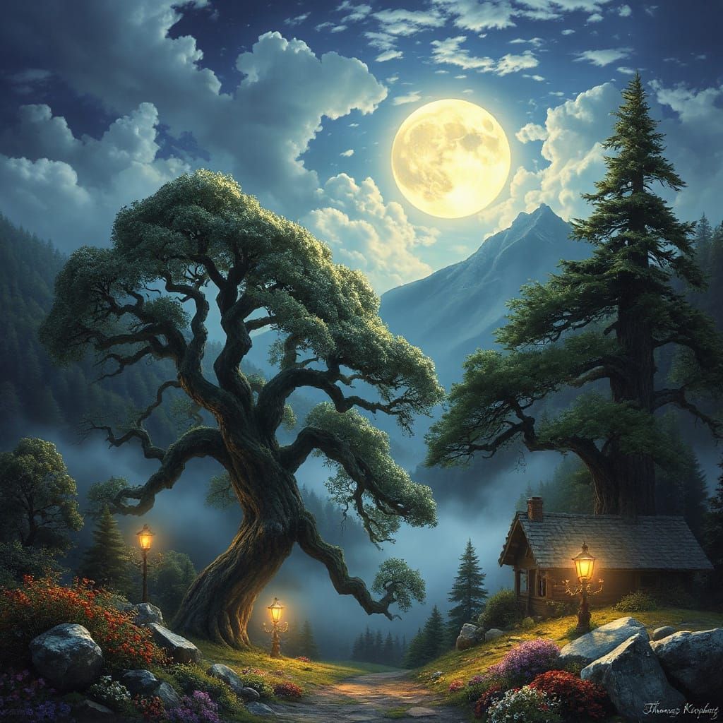 Serene Valley Under Full Moon With Ethereal Mist