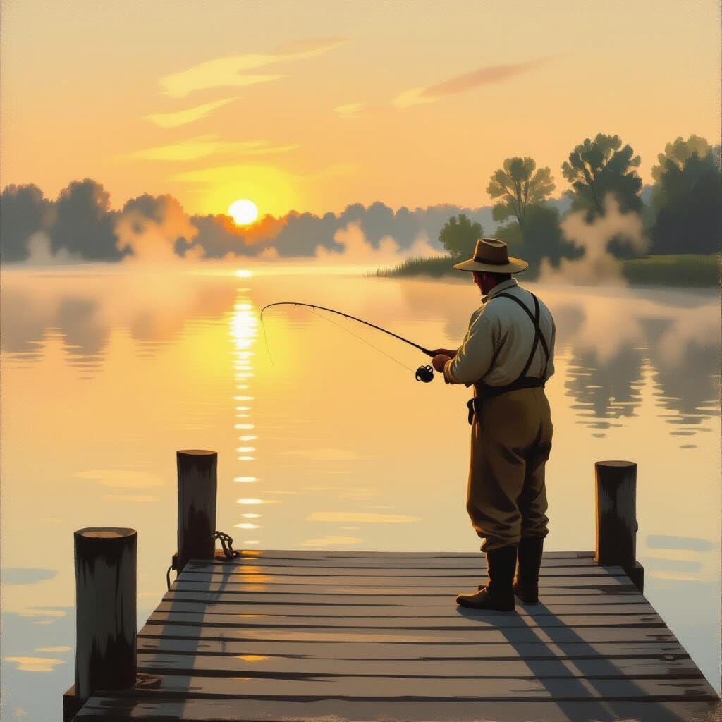 Fisherman at Dawn: Impressionistic Lakeside Scene