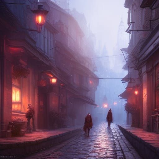 Night Cobblestone Streets: Hyperdetailed Concept Art