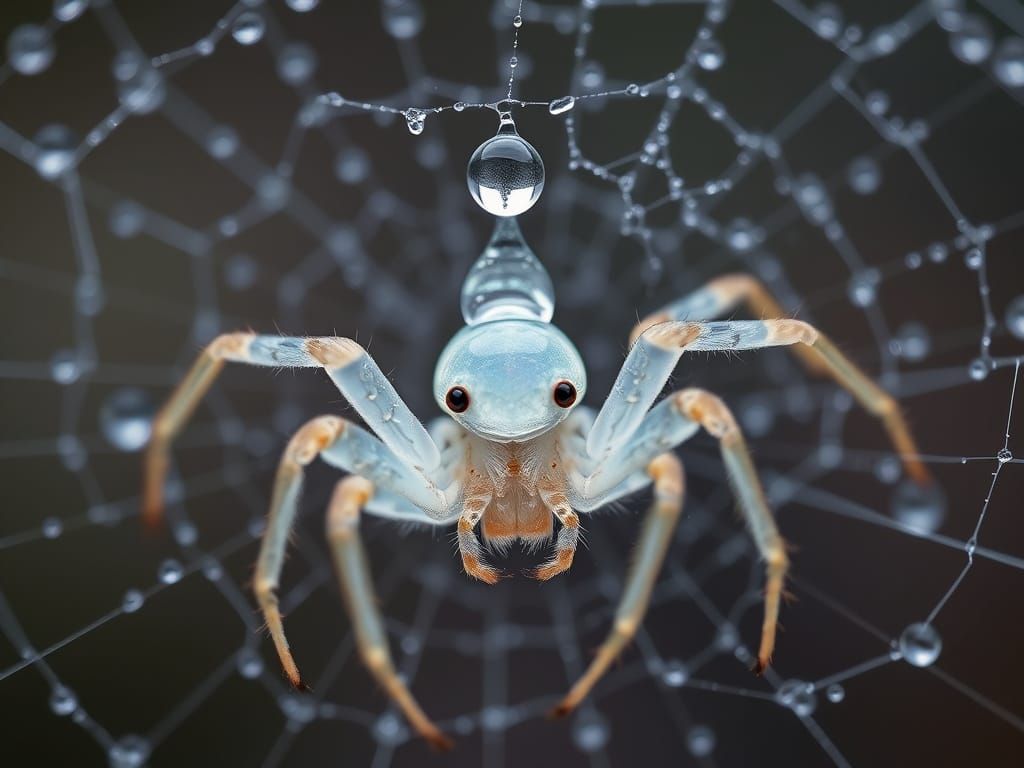 Opaline Spider with Water Bubble on Dewy Web