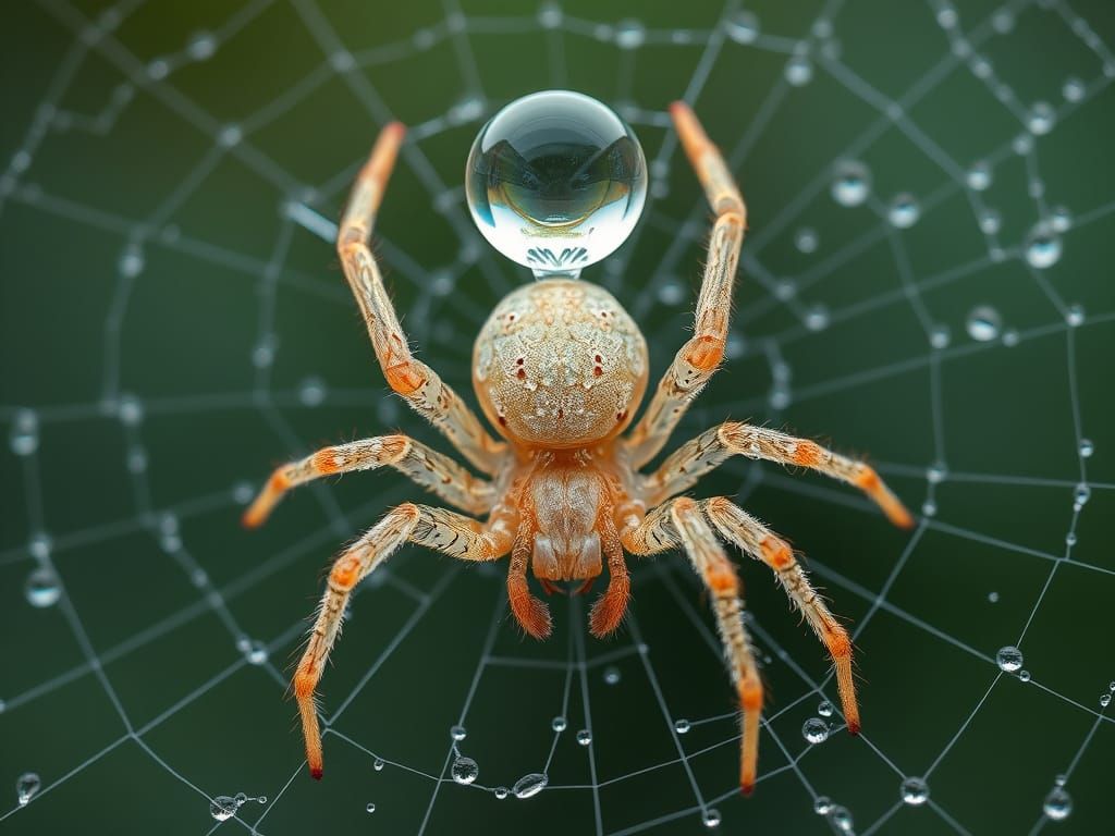 Opaline Spider Balances Water Droplet on Web