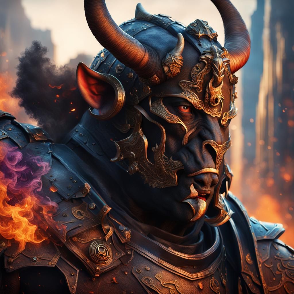 Minotaur Gladiator in Cyberpunk Cityscape: Digital Art