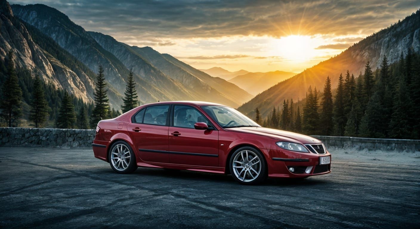 Vintage Saab 9-5 Aero on a Misty Mountain Pass